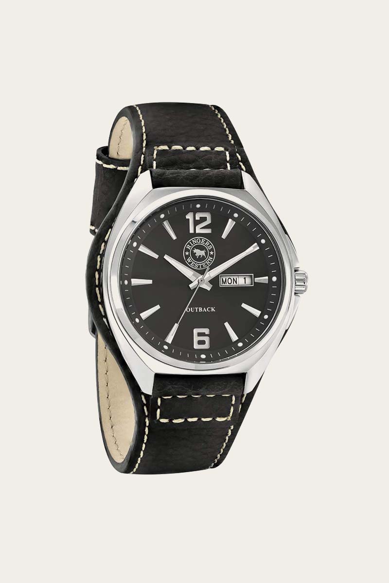 Ringers Western Watch Outback Leather Band Black With Black Dial