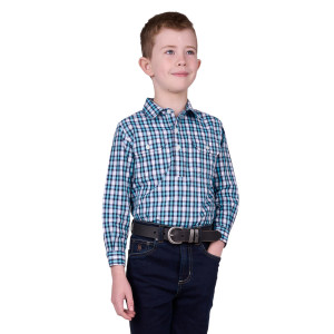 Hard Slog Boy's Shirt Rui Half Placket Long Sleeve Teal/Navy