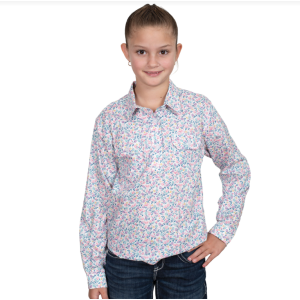 Just Country Girl's Work Shirt 'Harper' 1/2 Button 100% Cotton Long Sleeve White Tulips GWLS2538