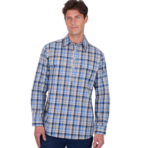 Hard Slog Men's Shirt 'Gibson' Half Placket Long Sleeve Blue/Tan