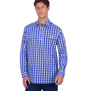 Hard Slog Men's Shirt 'Levers' Half Placket Long Sleeve Royal/White