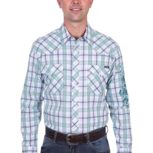 Wrangler Men's Shirt 'Jacob Logo' Long Sleeve Green/White X5S1111364