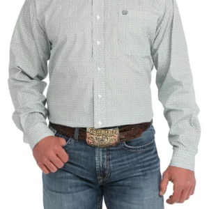 Cinch Men's Shirt Classic Fit Button Down Medallion Print Green/White