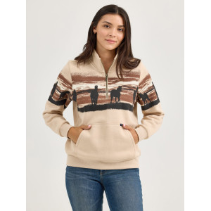 Wrangler Women's Pullover 'Vintage' 1/4 Zip Long Sleeve Scenic Horse Print Cream 112367394