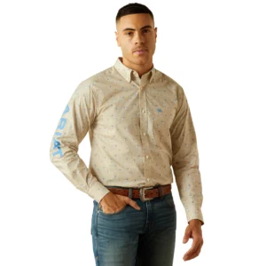 Ariat Men's Shirt 'TEAM Logo' Fitted Long Sleeve Khaki/Blue 10058978