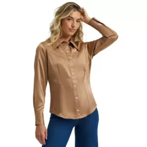 Wrangler Women's Shirt 'Lainey Wilson' Satin Long Sleeve Tan 112374462