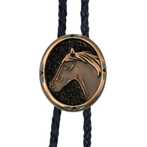 Brigalow Bolo Tie Vintage Copper Horsehead on Black Enamel with Turquoise Chip Inlay