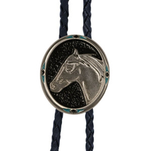 Brigalow Bolo Tie Horsehead on Black Enamel with Turquoise Chip Inlay