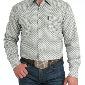 Cinch Men's Shirt Modern Fit Snap Button Geometric Print White MTW1303093 WHT
