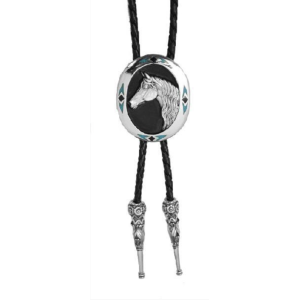 Brigalow Bolo Tie Horsehead on Black Enamel with Turquoise Chip Inlay