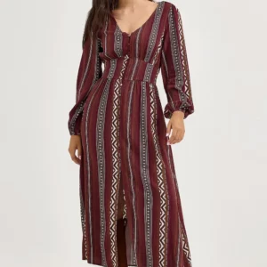 Wrangler Women's Dress 'Vintage' Maxi Long Sleeve Striped Burgundy 112367389