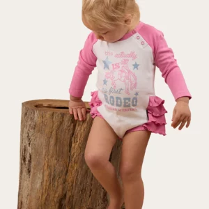 Ringers Western Babies Romper 'Rodeo Gal' Frill Long Sleeve White/Pink 525006RW-WHT/PI