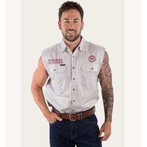 Ringers Western Men's Work Shirt 'Hawkeye' Sleeveless Full Button Beige with Dark Red Embroidery