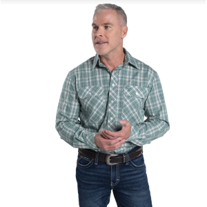 Just Country Men's Work Shirt 'Austin' 100% Cotton Full Button Long Sleeve Deep Sea Green/White Plaid MWLS2612