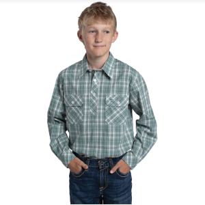 Just Country Boy's Work Shirt 'Brayden' 100% Cotton 1/2 Button Long Sleeve Deep Sea Green/White Plaid BWLS2612