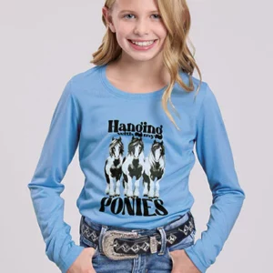 Roper Girl's T-Shirt 'Five Star Collection' Hanging With My Ponies Long Sleeve Solid Blue 03-009-0513-6156 BU
