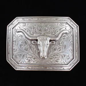 Ariat Men's Belt Buckle Longhorn Motif Rectangle Smooth Edge Aged Silver A37008