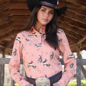 Cruel Girl Women's Western Shirt Snap Button Cotton Rayon Bronc Print Coral CTW7383013 COR