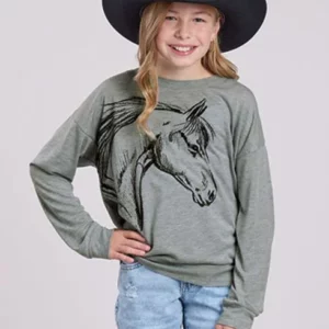 Roper Girl's T-Shirt 'Five Star Collection' Horse Head Long Sleeve Solid Grey 03-009-0513-6143 GY
