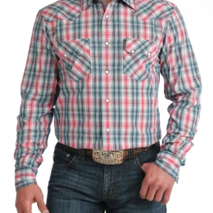 Cinch Men's Shirt Modern Fit Snap Button Plaid Red/White/Blue MTW1301091 WHT