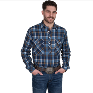 Just Country Men's Work Shirt 'Cameron' Flannel 1/2 Button Long Sleeve Blue/Navy/Tan 10101267