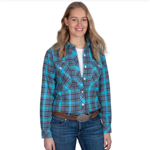 Just Country Women's Work Shirt 'Brooke' Flannel Full Button Long Sleeve Sky Blue/Grey/Chocolate 50502261