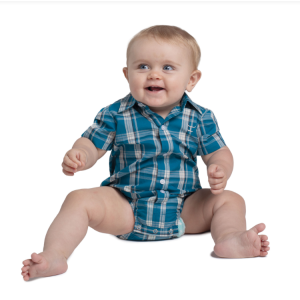 Just Country Infants Jumpsuit 'Frankie' Short Sleeve Full Button Petrol Plaid IWSS2627