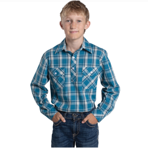 Just Country Boy's Work Shirt 'Brayden' 100% Cotton 1/2 Button Long Sleeve Petrol Plaid BWLS2627
