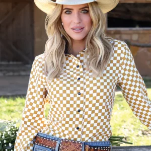 Cruel Girl Women's Western Shirt Snap Button Long Sleeve Checkered Gold CTW7529002 GLD
