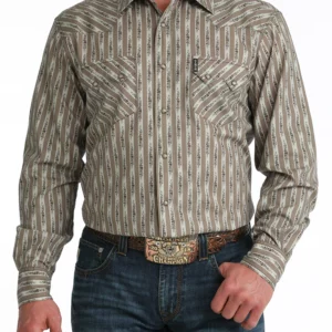Cinch Men's Shirt Modern Fit Snap Button Stripe Print Stone MTW1301092 STN