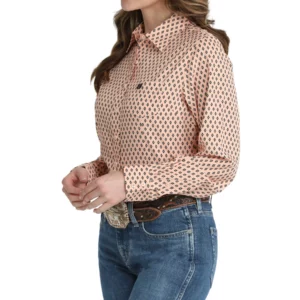 Cinch Women's Shirt 'Arenaflex' Button Up Geometric Print Peach MSW9164270 PEA