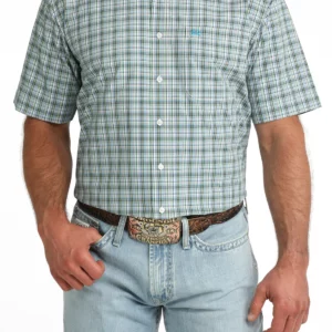 Cinch Men's Shirt ArenaFlex Short Sleeve Plaid Green/White/Yellow MTW1704169 MUL