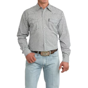 Cinch Men's Shirt Modern Fit Snap Button Geometric Print White MTW1303106 WHT