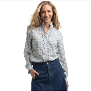 Just Country Women's Work Shirt 'Abbey Frills' Full Button Sage and White Check WWLS2636