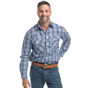 Just Country Men's Work Shirt 'Austin' 100% Cotton Full Button Long Sleeve Royal Blue and White Plaid MWLS2668