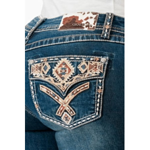 Grace in LA Women's Jeans Aztec/Horsehair Trim Easy Fit Boot Cut Stretch EB61802  CLEARANCE !!