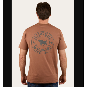 Ringers Western Men's T-Shirt 'Signature Bull' Classic Fit Saddle Brown With Charcoal Print