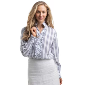 Just Country Women's Work Shirt 'Abbey Frills' Full Button Indigo Blue And White Lace WWLS2652