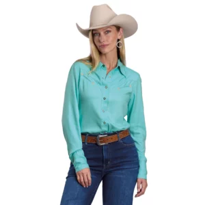 Stetson Women's Shirt Rayon Snap Button Long Sleeve Solid Blue 50592024