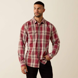 Ariat Men's Shirt 'Hawthorne' Retro Fitted Snap Plaid Brick Red 10071645