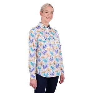 Hard Slog Women's Shirt 'Meadow' Half Placket Long Sleeve Blue Multi H6S2101123