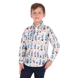 Hard Slog Boy's Shirt 'Rocky' Half Placket Long Sleeve Cream/Blue Multi H6S7101189
