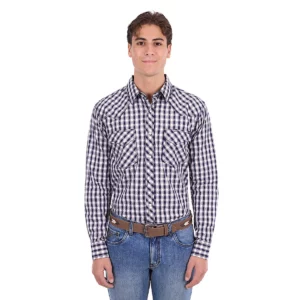 Pure Western Men's Shirt 'George' Long Sleeve Navy/Tan P6S1100304