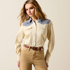 Ariat Women's Shirt 'Horseshoe Western' Snap Button Long Sleeve Summer Sand/Chambray 10071104