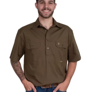 Just Country Men's Work Shirt 'Adam' 100% Cotton 1/2 Button Short Sleeve Bark