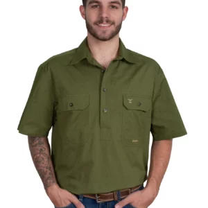 Just Country Men's Work Shirt 'Adam' 100% Cotton 1/2 Button Short Sleeve Olive