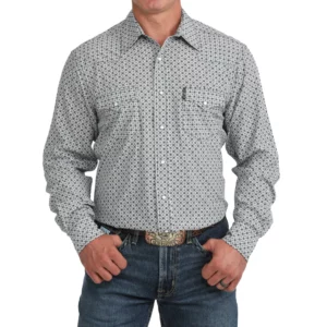 Cinch Men's Shirt ArenaFlex Geometric Print White/Blue MTW1303111 WHT