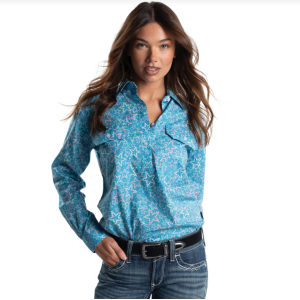 Just Country Women's Work Shirt 'Georgie' Print 100% Cotton 1/2 Button Long Sleeve Sweedish Blue Stars WWLS2686