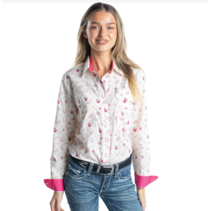 Just Country Women's Work Shirt Abbey Full Button Cream and Fuchsia Western Print/Hot Pink WWLS2679