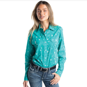 Just Country Women's Work Shirt Abbey Full Button Turquoise and White Western Print WWLS2681